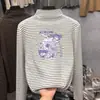 Camiseta Base de Rayas de Cuello Medio para Niñas, Tallas Mediana y Grande, Moda Otoño/Invierno, Camiseta Interior Térmica de Forro Polar con Mangas Largas para Niña