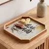 Estética Oriental Bandeja Octagonal de Madera Fondo de Vidrio Caligrafía Auspiciosa Posavasos para Tazas de Té Bandeja de Almacenamiento para Pasteles Artesanías