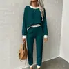 Conjunto de dos piezas para mujer: sudadera casual de punto gofre con cordón y cuello redondo y pantalón largo casual