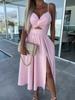 Vestido Sexy de Suspensório de Cintura Alta com Decote V Profundo Vazado e Saia Evasê Liso Cor Sólida Nova Moda Feminina 2024
