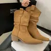 Botas Empilhadas Plissadas Estilo Retrô Relaxado Mi Ting, Novo Estilo Outono e Inverno, Salto Grosso, Bico Fino Estilo Cowboy Ocidental, Botas Curtas de Montaria