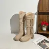 Botas de Cuero Suave de Media Pantorrilla con Borlas y Pliegues para Mujer, Tacón Grueso, Botas de Jinete Retro, Otoño/Invierno, Venta al por Mayor de Fábrica, Dropshipping Botas para Mujer