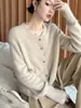Cárdigan de Lana Pura para Mujer Cuello Redondo Hombro Raglán Tejido de Punto Acanalado Chaqueta Otoño Invierno Estilo Nuevo Hebilla Dorada Pequeña Ropa Exterior Adelgazante de Moda