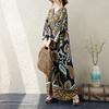 Toma Real de Vestido de Talla Grande Original Francés de Gama Alta con Mangas Largas para Proteger del Sol, Cuello en V, Drapeado, Estampado de Flores de Posicionamiento, Holgado, Aspecto Adelgazante, para Mujer