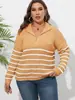 Suéter Feminino Novo Estilo Transfronteiriço Europeu e Americano Tamanho Grande Feminino Tricô Listrado Patchwork Gola Alta com Zíper Solto Suéter Tecido