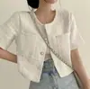 Chique Coreano Verão Simples Elegante Gola Redonda Borda Solta Pérola Botão Único Bolso Duplo Tweed Casaco Curto