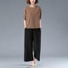 Traje de pantalones de pierna ancha de algodón y lino para madre de mediana edad verano para mujer estilo occidental casual holgado talla grande que cubre el vientre camiseta conjunto de dos piezas para mujer