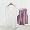 Conjunto de dos piezas de modal para mujer, nuevo modelo de primavera y verano, con cuello en V, manga corta y shorts, talla grande, holgado, casual, sencillo, para casa