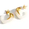 Brincos de Aço Inoxidável Transfronteiriços em Formato C com Resina Colorida Embutida, Estilo Clássico Vintage Primavera e Verão, Banhados a Ouro Real 18K, Brincos à Prova d'Água