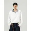 Camiseta de outono gola V ombro normal lapela xadrez pied-de-poule polo de manga comprida masculina folgada estilo americano camada interna camisa base moletom