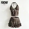 Bikini de lunares color café estilo vintage de 2026 con cuello halter, favorecedor y juvenil, que cubre el abdomen, traje de baño de dos piezas para vacaciones en la playa