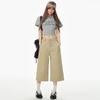 Jeans Crop Rectos Color Caqui para Mujer, Nuevo Estilo Veraniego, Pantalones de Trabajo Holgados de Pierna Ancha, En Stock para Entrega Rápida