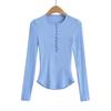 8567-24 Outono Novo Estilo Europeu e Americano Meia-aberto Gola Fivela Manga Comprida Bainha Curvada Slim Basing Jacket T-shirt