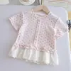 Top de encaje de manga corta estilo princesa con lunares para bebé niña, nueva camiseta de manga corta de moda coreana de verano para niñas 3