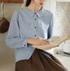 Camisa de Algodón a Rayas Azules Nesolum Sea Salt de Manga Larga para Mujer, Top Elegante Retro Francés de Otoño con Cuello Peter Pan