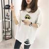 Camiseta de verano D140 de manga corta para mujer, nueva camiseta blanca holgada de manga corta con rotos de estilo coreano, camiseta de mujer de largo medio