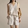 Traje de Verano de Algodón y Lino Chaleco sin Mangas Nuevo Holgado Adelgazante Cordón Cintura Elástica Pantalones Cortos Conjunto de Dos Piezas