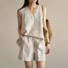 Conjunto Verão Algodão e Linho Colete Sem Manga Nova Moda Shorts Soltos Emagrecedores com Cordão Cintura Elástica Conjunto de Duas Peças