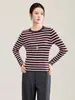 Suéter top de manga larga a rayas vintage de punto fino de lana merino ultrafina de 2613310-16 agujas para principios de otoño