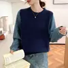 Nuevo jersey de cuello redondo con detalles de manga de mezclilla, moda de otoño e invierno, corte holgado, suéter de punto con un estilo casual y relajado