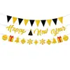 Decoração de festa de Ano Novo bandeirinha triangular, guirlanda de banner de Ano Novo super brilhante, decoração de bolo com inserções de folha de ouro