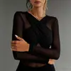 2026 Ropa para Mujer Transfronteriza Estilo Europeo y Americano Amazon Nuevo Top Sexy Blusa de Malla de Seda Manga Larga Transparente Ajustado