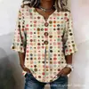 Nueva camiseta estampada de cuello en V con volantes y botones transfronteriza para mujer, elegante camisa casual para ir al trabajo en verano