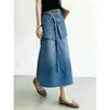 Saia Jeans Lavada Patchwork Falsa Duas Peças Cintura Alta Moda Verão Casual Estilo Preguiçoso para o Trabalho Saia Longa