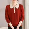 Suéter de punto de manga larga de otoño con cuello camisero para madres, nuevo estilo otoño e invierno 2026, suéter suave de alta elasticidad para mujeres de mediana edad