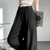 Traje Blanco Rayado para Mujer Pantalones de Pierna Ancha Primavera 2025 Nuevo de Cintura Alta Rectos Casuales de Largo hasta el Suelo con Cinturón Incluido