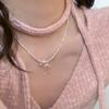 Colar de Corrente de Prata com Laço Estilo Ballet para Mulheres, Novo Choker Tendência de Coração Rosa Doce com Diamantes