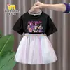 Conjunto de Vestido de Manga Curta para Meninas Caçadoras de Demônios Kpop Estilo Verão Moda Vestido de Tule Princesa Saia Duas Peças para Meninas Jovens