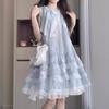 Vestido de Encaje con Empalme para Niñas Vestido de Verano para Niños Medianos y Grandes Verano Nuevo Malla sin Mangas Suelto Vestido de Princesa Moderno