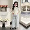 Moda Feminina 2026 Moletom com Gola Lapela e Manga Longa Calça Wide-Leg Xadrez Casual Coreana Conjunto de Duas Peças Estiloso e com Personalidade
