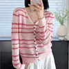 Cárdigan de punto con rayas de lentejuelas y cuello en V para mujer, nuevo estilo otoño 2026, top holgado y versátil, chaqueta suéter fina de manga larga