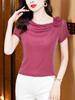 Diseño de Encaje Hermosas Blusas de Mujer Nueva Camiseta Flor Estéreo Color Puro Seda Brillante Malla Manga Corta Camiseta Básica para Mujer