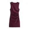 Vestido Decorativo de Tricô Plissado Três Cores Transfronteiriço Feminino Gola Redonda Sem Mangas Slim Fit Elástico Curto para o Trabalho
