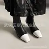 Botas Finas de Couro Genuíno Colorblock Femininas Botas Curtas Outono e Inverno Novo Bico Quadrado Zíper Lateral Estilo Coreano Couro Total Salto Bloco Botas Curtas Femininas