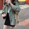 Cortavientos de Trabajo Color Verde Militar para Mujer Estilo Coreano Primavera y Otoño Petite Bf Chaqueta Exterior Corta Holgada y Versátil con Cremallera