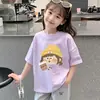 Camiseta Manga Curta 100% Algodão Puro para Meninas Verão 2026 Novo Estilo Top Estiloso Manga Meia para Crianças Pequenas e Médias Roupa de Verão