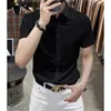Camisa casual de manga corta de alta gama sin planchar para hombre, corte slim, seda de hielo premium, color liso, camisa elástica de caída business