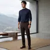 Suéter de cachemira 100% Bai Cai Velvet para hombre, ligero y lujoso, suave y cómodo, tejido fino de otoño/invierno con cuello semi-alto, casual y simple