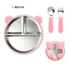 Prato Infantil de Silicone Dividido Urso Aço Inoxidável 304 Removível com Ventosa Talheres de Bebê Conjunto de Silicone