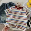Camiseta Listrada de Manga Curta de Verão Infantil Muye Roupas Infantis Zhili Huzhou Unissex Estilo Coreano Top Versátil Camiseta Básica