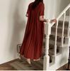 PXT2021 - Vestido de gasa holgado de manga corta estilo coreano para mujer, vestido largo plisado de cintura alta y corte ajustado para verano