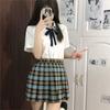 Saury uniforme jk doce camisa branca japonesa escola cachorro short saia plissada xadrez estudante roupa de menina gostosa