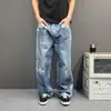 Jeans com estampa 3D estilo americano para rua, novo, com efeito desgastado, falso duas peças, para homens, corte solto, moderno e versátil