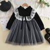 Vestido de princesa de otoño e invierno para niña, vestido de malla, costuras de terciopelo, vestido de gasa, vestido de Navidad para niña pequeña, vestido de fiesta