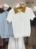 Camiseta de Hombro de Manga Corta con Cuello Polo Gris Estilo Coreano para Mujer Verano Pequeña de Hielo Seda Tejida Top Corto de Solapa Delgado