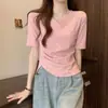 Camiseta de Algodón Puro con Cuello en V y Hombro Normal para Mujer, Nuevo Diseño Ajustado Verano 2025, Estilo de Nicho para Figuras Pequeñas, Top de Manga Corta